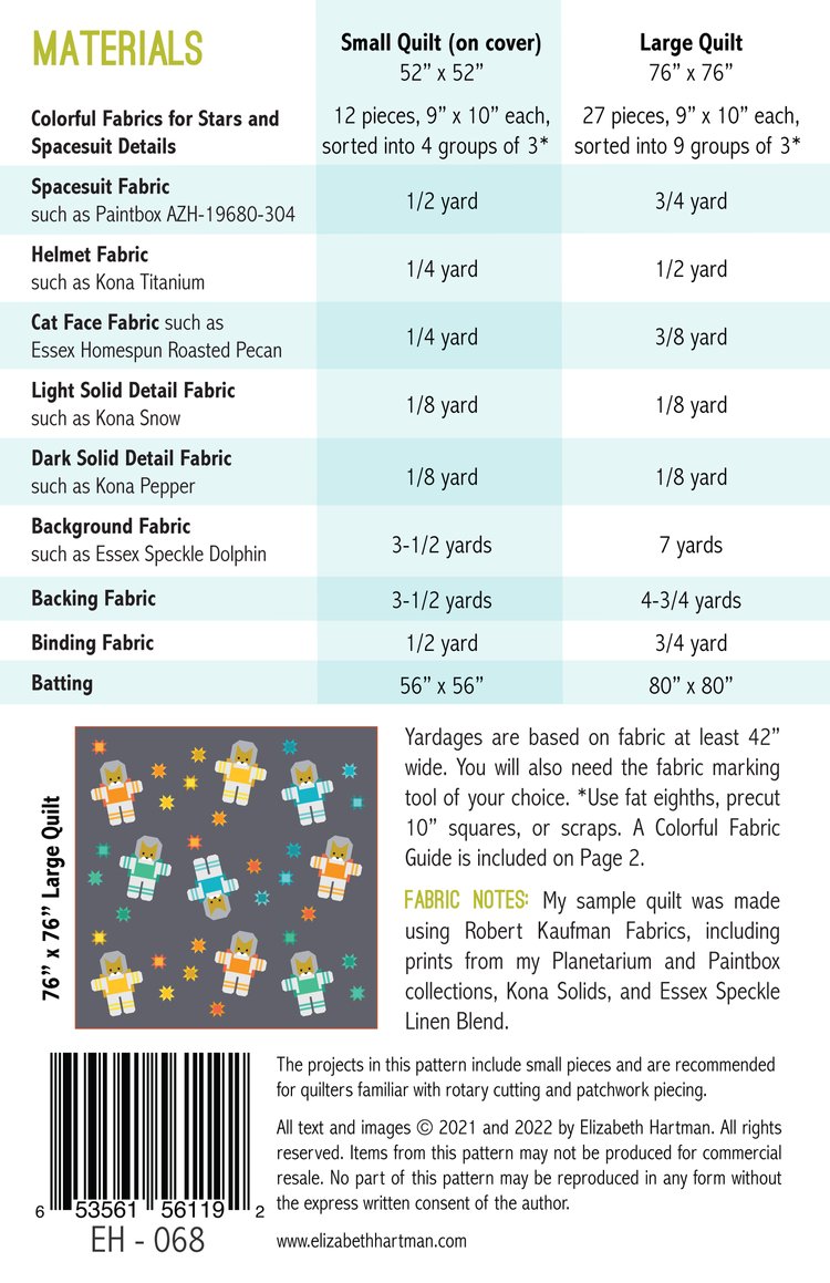 Elizabeth Hartman - Cats in Space Quilt Pattern